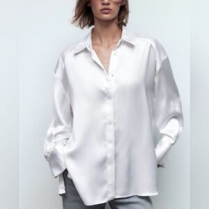 H&M Oversized Tunic Button Down LS Shirt Fold Cuff White Silky Satin Women's L